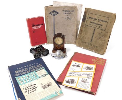 A Morris car badge, Riley and Morris manuals, books and pamphlets, together with a pair of Chevalier Optician of Paris opera 