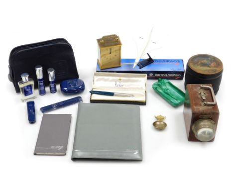 A group of collectables, to include Concorde related memorabilia, an Imhopf brass cased carriage clock, bearing presentation 