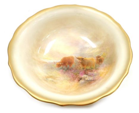 A Royal Worcester porcelain bowl, circa 1953, the interior painted with Highland cattle, signed H Stinton, gilt heightened, p