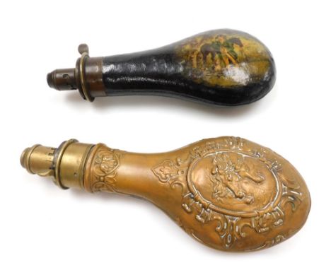 A 19thC leather and brass powder flask, the body with hand painted decoration depicting a gentleman with gun beside horse and