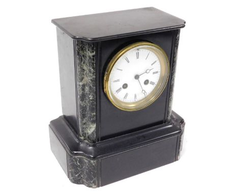 A late 19thC French slate and marble cased mantel clock, circular enamel dial bearing Roman numerals, eight day movement by R