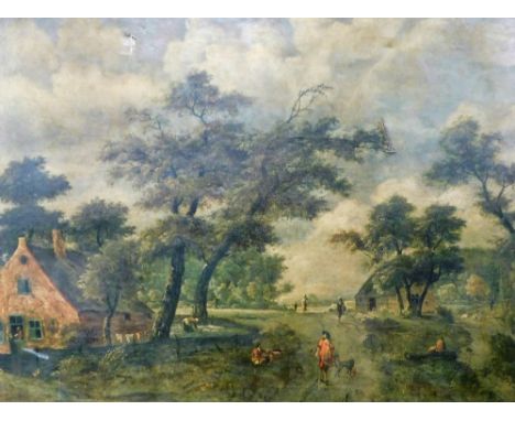 An oleograph on canvas, after an 18thC Continental Old Master, wooded landscape with figures, in a giltwood and gesso frame, 