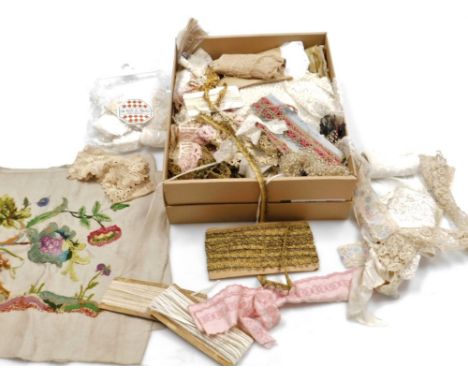 A quantity of lace, clothing embellishments, embroidered crewel work pattern panel depicting flowers and woodland animals, et