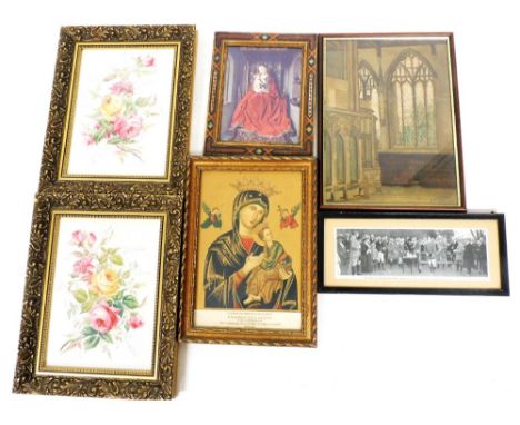 A group of pictures and prints, to include P.E. Nicholson, Interior Of Newark Parish Church, watercolour, signed and dated 19