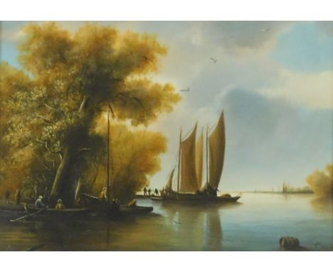 Continental School. Figures and boat along a wooded estuary, oil on oak panel, indistinctly signed, 13.5cm x 17cm.