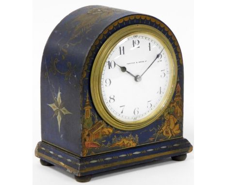 An early 20thC Mappin and Webb mantel clock, the circular enamel dial bearing Roman numerals, clockwork movement, the case de