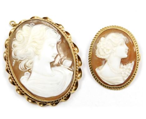 A 9ct gold and shell cameo brooch, bust portrait of a lady with a butterfly, with safety chain as fitted, 40mm x 33mm, and a 