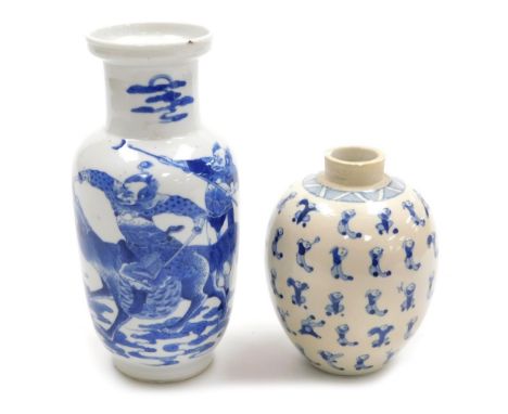 A late 19th/ early 20thC Chinese blue and white rouleau vase, hand painted with warriors, blue underglaze four character Kang