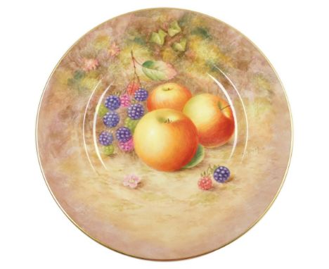 A Royal Worcester porcelain plate, circa 1954, painted with blackberries and apples, signed H. Aynton, gilt heightened, paint