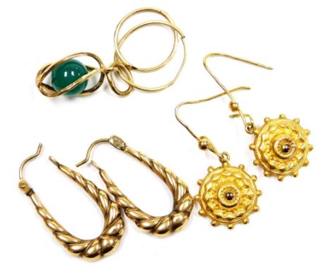 Three pairs of gold earrings, together with a 9ct gold and jade pendant, 3.9g all in.