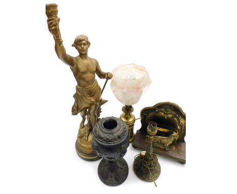 A group of collectables, to include a classical figure modelled as Travail, on a socle base, 5cm high, brass desk stand, 26cm