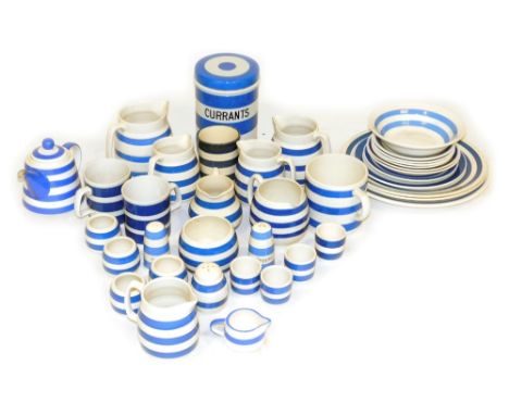 A group of blue and white banded Cornish ware pottery, to include dinner plates, miniature teapot, milk jug, salt and pepper 