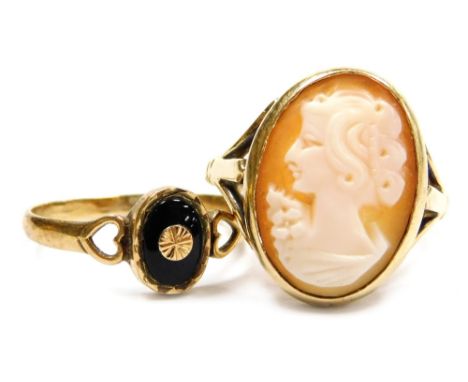 A 9ct gold and shell cameo ring, bust portrait of a lady, size P, and a 9ct gold and black onyx lady's ring with pierced hear