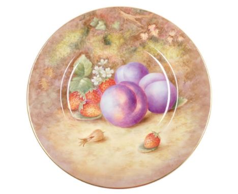 A Royal Worcester porcelain plate, circa 1954, painted with plums, strawberries and a cob nut, signed H. Aynton, gilt heighte