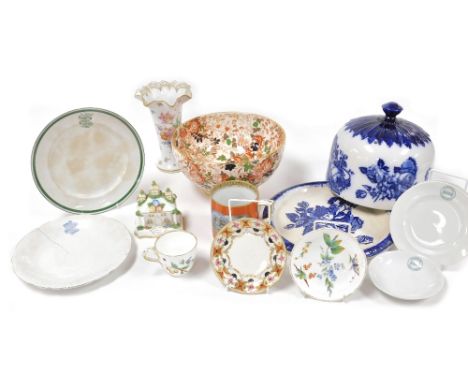 A group of ceramics, including a Staffordshire blue and white stilton dish and cover, printed with roses, Prattware tankard, 