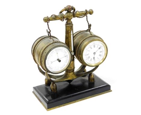 A 19thC brass nautical related combination clock and barometer, modelled in the form of a ship's anchor and two barrels, the 