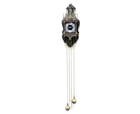 A mid century Dutch wall clock, Roman numeric silvered dial, the mahogany and brass case decorated with figures, to include f