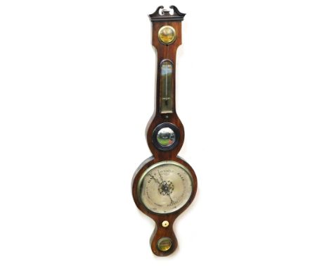 A late 19thC rosewood cased banjo barometer, silvered dial lacking glass, with thermometer, and dry/damp dial, 98cm high.