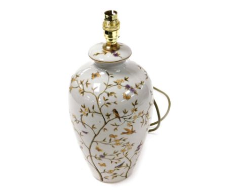 An India Jane pottery table lamp, of shouldered ovoid form, painted with birds, blossom and butterflies, printed mark, 39cm h