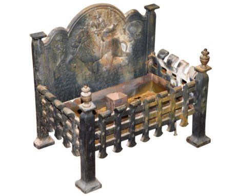 A cast iron fire grate, the shaped back decorated in relief with a lion, and the crest of the rose and thistle, 43cm wide.