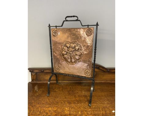 Antique wrought iron and copper firescreen designed with embossed English rose design. [80x47x26cm] 