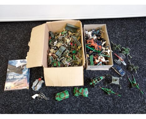 A Collection of vintage playworn Britain's and lone star figures, Also includes various Lone Star military guns and models. 