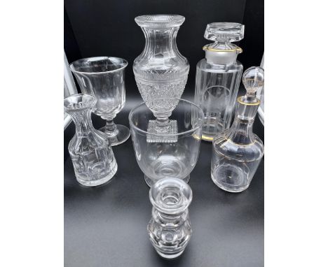 A Lot of vintage and Antique decanters and vases. Includes an gold trim and etched duck flying design decanter, A Large cut c