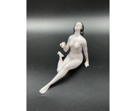 An Art Nouveau porcelain nude lady figurine. [Blue Crown and L Stamp to base] [9x13x9cm] 