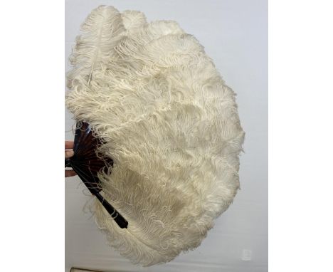 A Vintage Ostrich feather and tortoise shell large fan with a fitted protective case. Case produced by J Duvelleroy, Paris, L