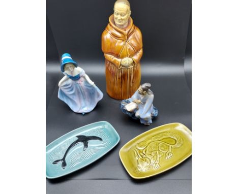 Two poole pottery pin dishes, Monk decanter, Art Deco Lady figurine and mud man oriental figure. 