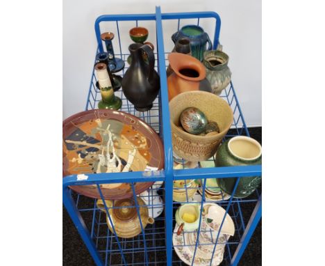 A Trolley containing a collection of porcelain wares to include Bretby art deco vase, Austrian antelope design vase, Paragon 