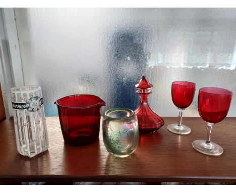 A Selection of Art Glass to include Cranbury glass glasses, wine cooler, Ruby glass perfume decanter, Floral design art nouve