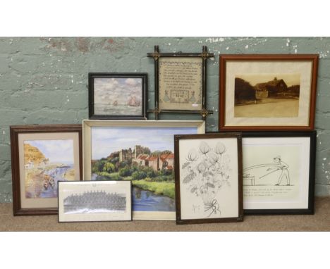 A collection of pictures and prints etc including sampler and watercolour of Staithes.