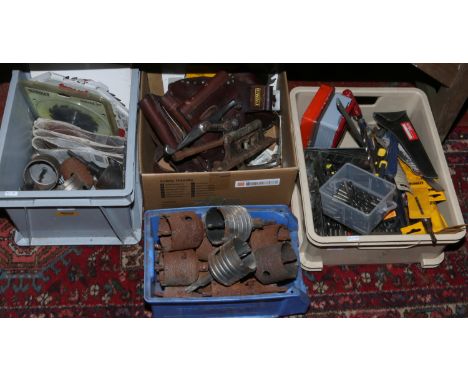 Four boxes of tools to include drill bits, Dewalt pistol drill holders, circular saw blades, hole cutters Hitec stainless ste