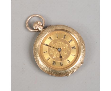 A 9ct gold fob watch with engraved case enamelled with fuchsias. Having gold dial with black enamelled Roman numeral markers.