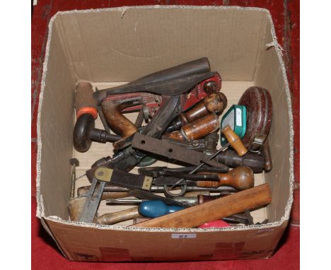 A box of hand tools including Velos boxwood ruler, copper hammer, set square and Marples plane etc.