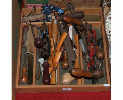 A quantity of carpenters hand tools including spoke shavers, drivers etc.