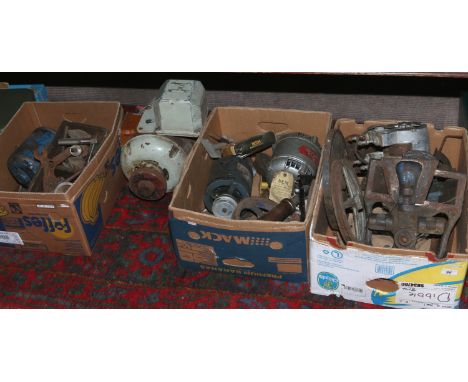 Three boxes of mostly vintage electric motors and machine parts, including cogs, belt drive wheels and Hobart example etc.