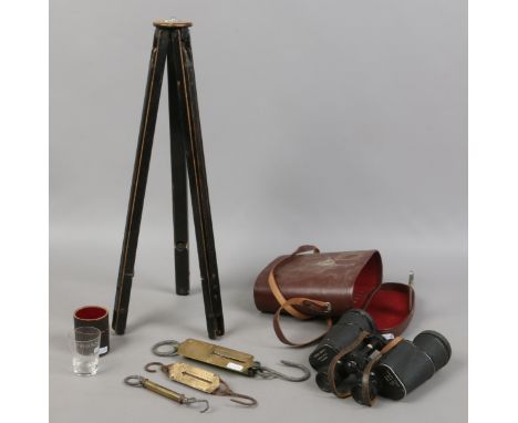 A quantity of collectables including a ebonized wooden photography tripod, a cased pair of binoculars, three Salter pocket ba