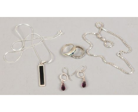 A quantity of mostly silver jewellery including a necklace, stone set pendant on chain, along with a 9ct gold and silver marc