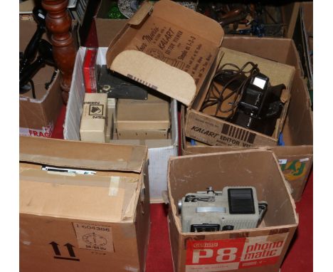 A quantity of vintage slide projection equipment, cine cameras and film editing equipment, including a boxed Kalart editor vi