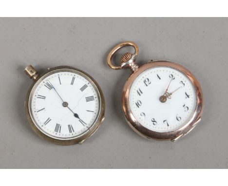 Two Continental silver cased fob watches. Each with enamel dials and one having gilt decoration. Neither running, one missing