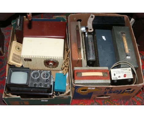 Two boxes of vintage radios including G.E.C, Pye, G. Marconi, Dynatron etc along with a crown portable TV/ FM-Am 2 band radio