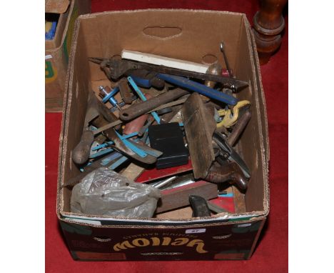 A box of tools to include planes, spanners, socket set etc.