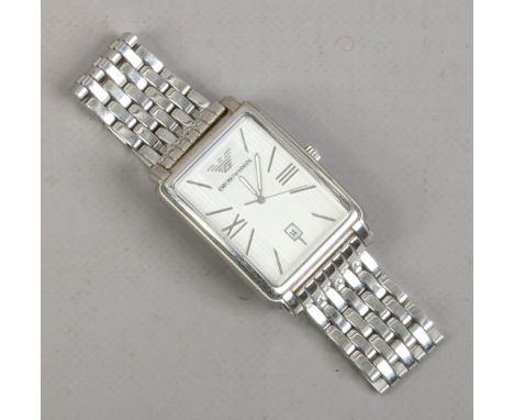 A quartz stainless steel Emporio Armani bracelet wristwatch with silvered dial Roman numeral markers, date chapter and second