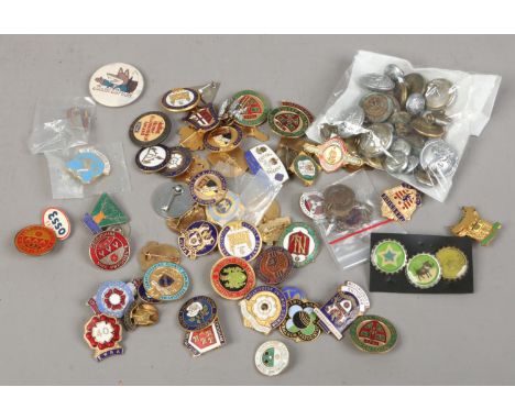 A collection of enamel badges and buttons.