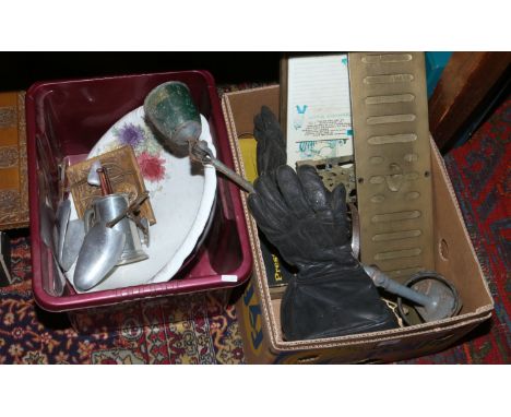 Two boxes of miscellaneous including a Mardrive engineers lamp, antique brass vent, a pair of leather motorcycle gauntlets, m