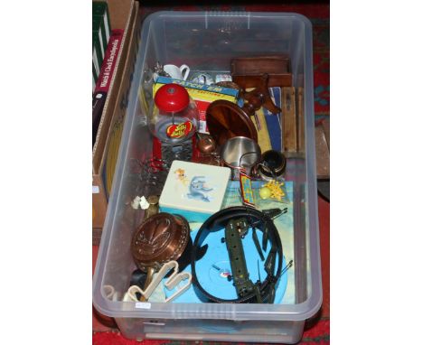 A box of toys and household oddments including window leading, RAF book and model chinook helicopter etc.