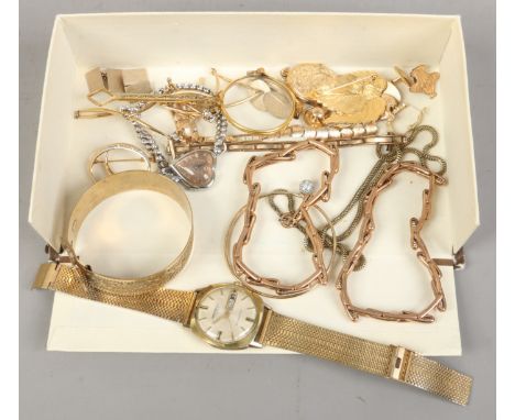 A box of yellow metal jewellery including a gentleman's Ingersoll manual date and day watch, cufflinks, bracelets, lorgnettes
