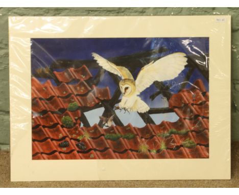 An unframed gouache picture of a hunting barn owl, signature indistinct.